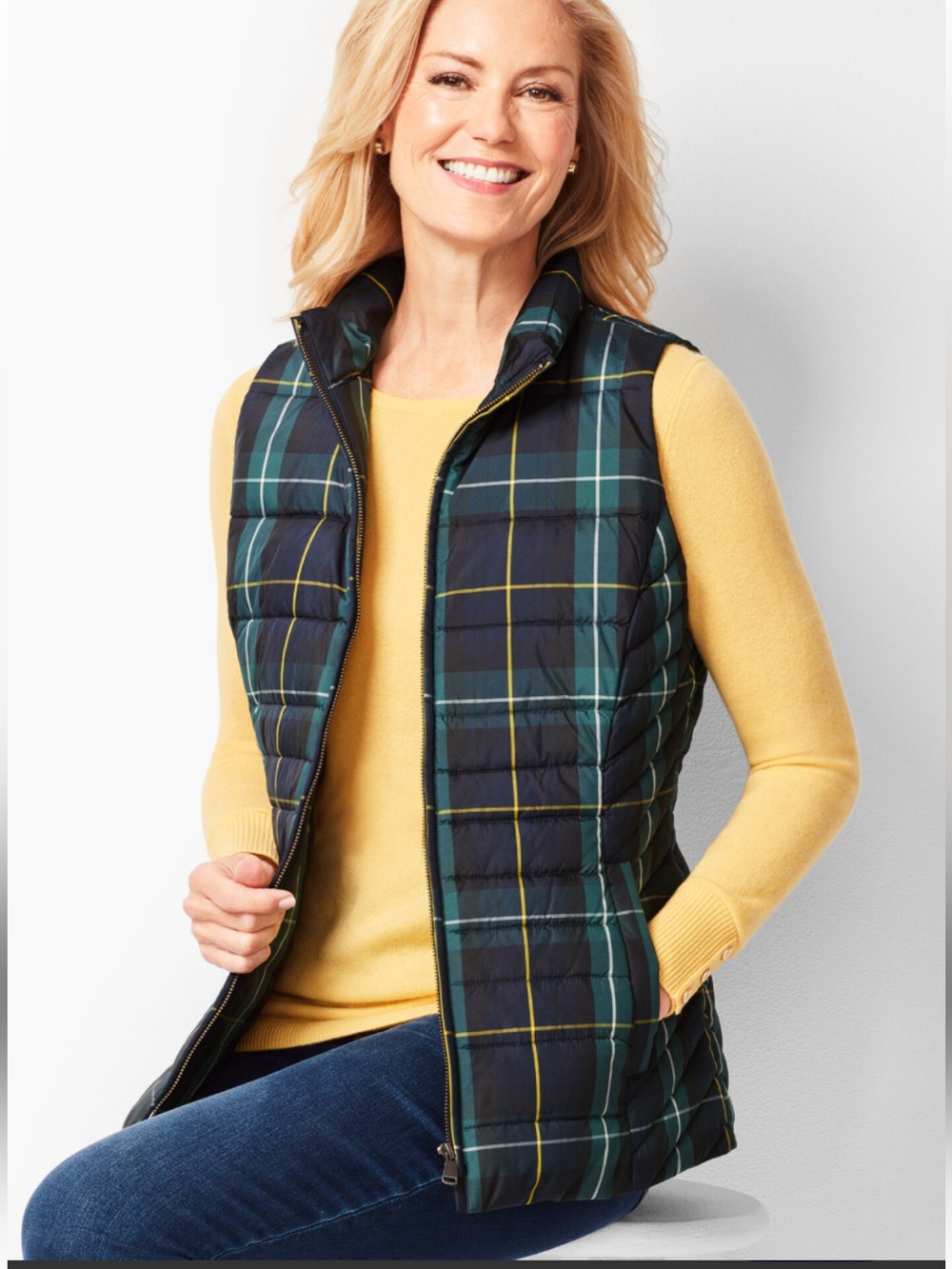 Talbots XS Plaid Down Puffer Vest Navy Green Preppy Quilted